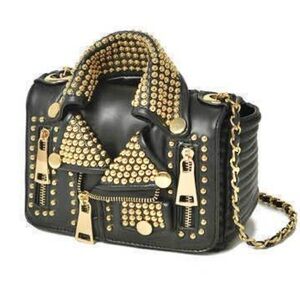 AMEILIYAR Black Vegan Leather Gold Toned Stud Biker Jacket Crossbody Bag *FLAW*